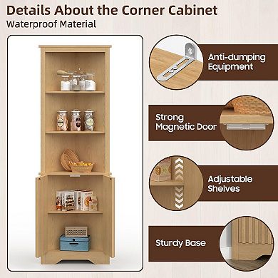 Tall Corner Storage Cabinet with Fluted Doors, 5-Tier Adjustable Shelves for Bathroom, Living Room