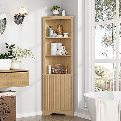 Tall Corner Storage Cabinet with Fluted Doors, 5-Tier Adjustable Shelves for Bathroom, Living Room