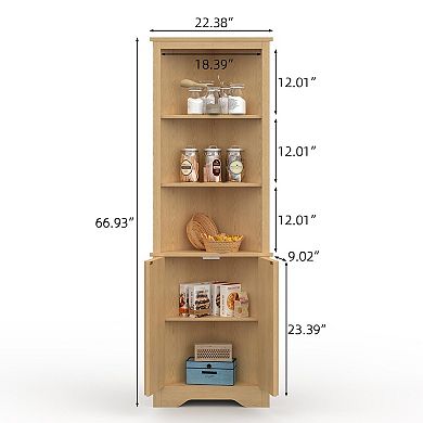 Tall Corner Storage Cabinet with Fluted Doors, 5-Tier Adjustable Shelves for Bathroom, Living Room