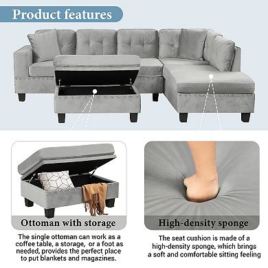 Pnronnc Sectional Sofa L-Shape Couch with Storage Ottoman, 2 Pillows and Cup Holders