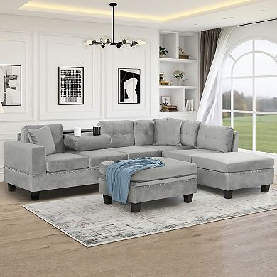 Pnronnc Sectional Sofa L-Shape Couch with Storage Ottoman, 2 Pillows and Cup Holders