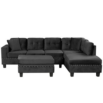 Pnronnc Sectional Sofa L-Shape Couch with Storage Ottoman, 2 Pillows and Cup Holders