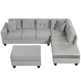 Pnronnc Sectional Sofa L-Shape Couch with Storage Ottoman, 2 Pillows and Cup Holders