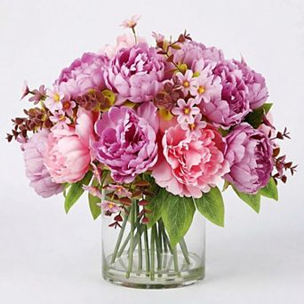 Artificial Peonies with Vase, Silk Faux Peony Bouquet with Glass Vase and Faux Water