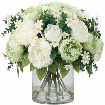 Artificial Peonies with Vase, Silk Faux Peony Bouquet with Glass Vase and Faux Water