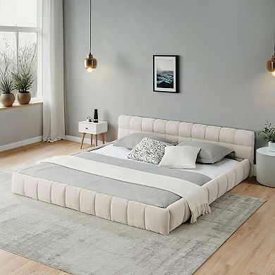 Pnronnc CAL King Grounded Upholstered Bed Frame, Chenille Platform Bed with Headboard, Solid Base