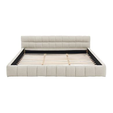 Pnronnc CAL King Grounded Upholstered Bed Frame, Chenille Platform Bed with Headboard, Solid Base
