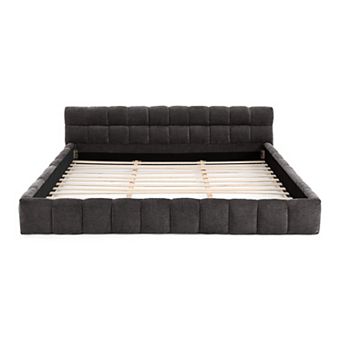 Pnronnc CAL King Grounded Upholstered Bed Frame, Chenille Platform Bed with Headboard, Solid Base