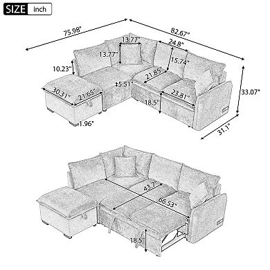 Pnronnc L Shaped Convertible Sofa Bed, Chenille Sectional Couch with Storage Ottoman and USB Ports