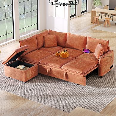 Pnronnc L Shaped Convertible Sofa Bed, Chenille Sectional Couch with Storage Ottoman and USB Ports