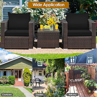 Costway 3PCS Patio Rattan Furniture Set Conversation Wicker Sofa Set w/Cushion Garden