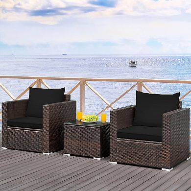 Costway 3PCS Patio Rattan Furniture Set Conversation Wicker Sofa Set w/Cushion Garden