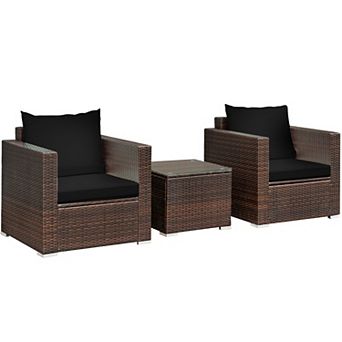 Costway 3 pc Patio Rattan Furniture Set Conversation Wicker Sofa Set w/Cushion Garden