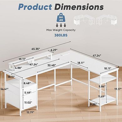 YIORTWO L Shaped Desk with Power Outlet & Monitor Stands, Computer Desk with Drawer