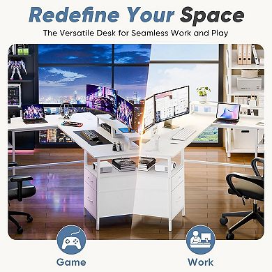 YIORTWO L Shaped Desk with Power Outlet & Monitor Stands, Computer Desk with Drawer