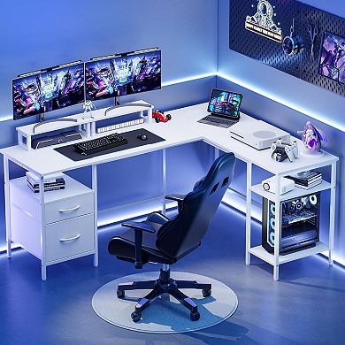 YIORTWO L Shaped Desk with Power Outlet & Monitor Stands, Computer Desk with Drawer