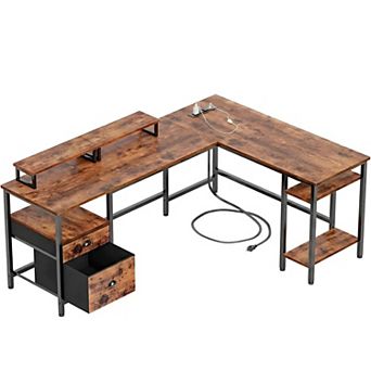 YIORTWO L Shaped Desk with Power Outlet & Monitor Stands, Computer Desk with Drawer