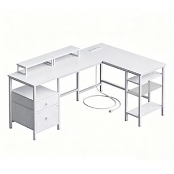 YIORTWO L Shaped Desk with Power Outlet & Monitor Stands, Computer Desk with Drawer