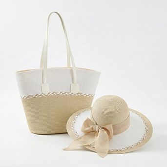 Straw Sun Hat and Tote Bag Set Woven Two Tone Design with Bow Wide Brim Beach Accessories