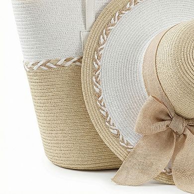 Straw Sun Hat and Tote Bag Set Woven Two Tone Design with Bow Wide Brim Beach Accessories