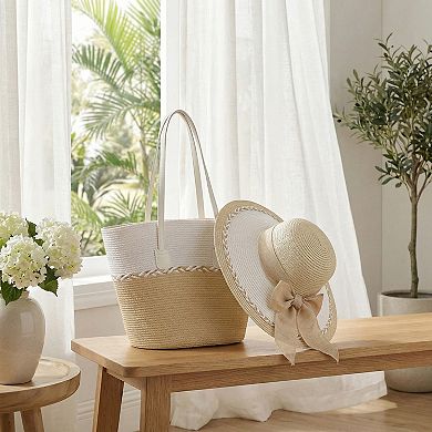 Straw Sun Hat and Tote Bag Set Woven Two Tone Design with Bow Wide Brim Beach Accessories