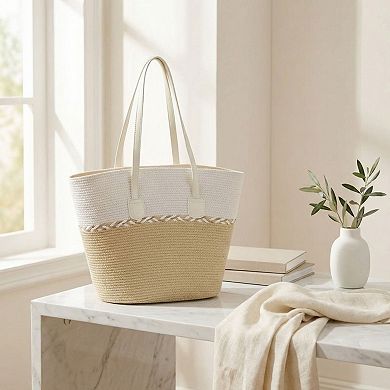 Straw Sun Hat and Tote Bag Set Woven Two Tone Design with Bow Wide Brim Beach Accessories