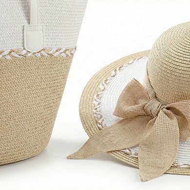 Straw Sun Hat and Tote Bag Set Woven Two Tone Design with Bow Wide Brim Beach Accessories