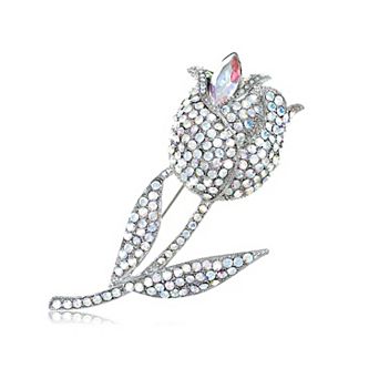 Silvery Tone Shine Aurora Borealis Iridescent Rhinestones Rose Flower Brooch Pin