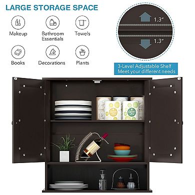 Double Door Wall Cabinet with Mirrors and Adjustable Shelf for Bathroom