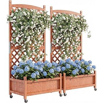 Wooden Raised Garden Bed 61" with Trellis, Wheels, Drainage for Herbs & Flowers, 2 Pack