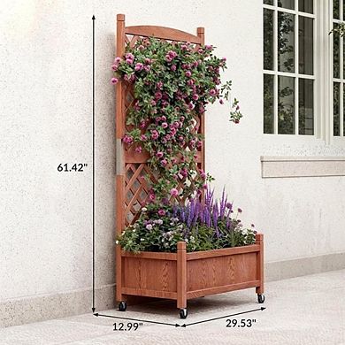 Wooden Raised Garden Bed 61" with Trellis, Wheels, Drainage for Herbs & Flowers, 2 Pack