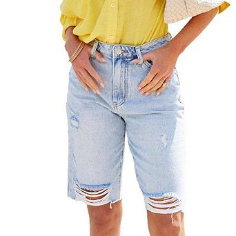 Women's Ripped Mid Rise Denim Bermuda Shorts Frayed Raw Hem Casual Summer Trousers