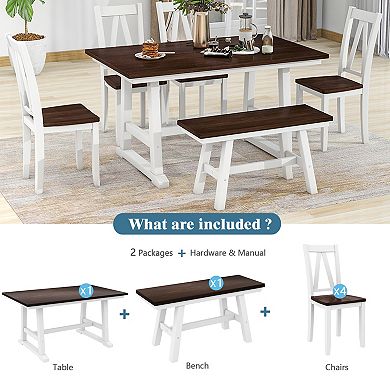 Pnronnc 6-Piece Wooden Dining Set, Farmhouse Kitchen Table Set with Bench and 4 Chairs