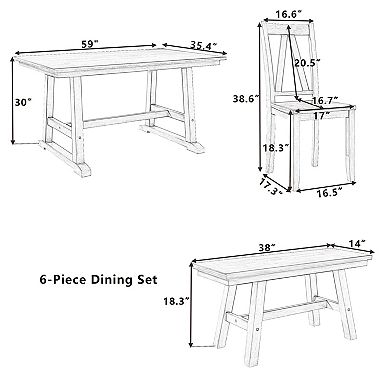 Pnronnc 6-Piece Wooden Dining Set, Farmhouse Kitchen Table Set with Bench and 4 Chairs