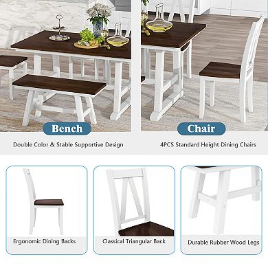 Pnronnc 6-Piece Wooden Dining Set, Farmhouse Kitchen Table Set with Bench and 4 Chairs