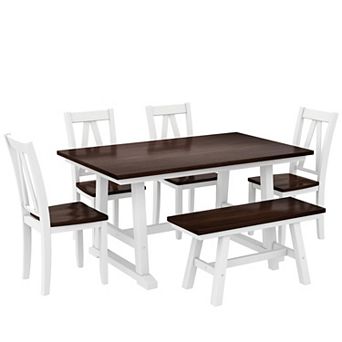 Pnronnc 6 pc Wooden Dining Set, Farmhouse Kitchen Table Set with Bench and 4 Chairs