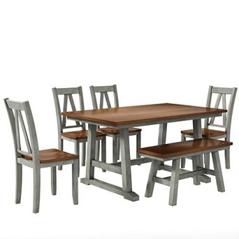 Pnronnc 6 pc Wooden Dining Set, Farmhouse Kitchen Table Set with Bench and 4 Chairs