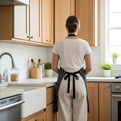 Striped Kitchen Apron Cotton Blend Adjustable Neck Apron with Pockets Chef Cooking Server Apron