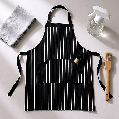 Striped Kitchen Apron Cotton Blend Adjustable Neck Apron with Pockets Chef Cooking Server Apron