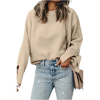 Solid Textured Knit Split Cuff Drop Shoulder Loose Sweater
