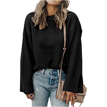 Solid Textured Knit Split Cuff Drop Shoulder Loose Sweater