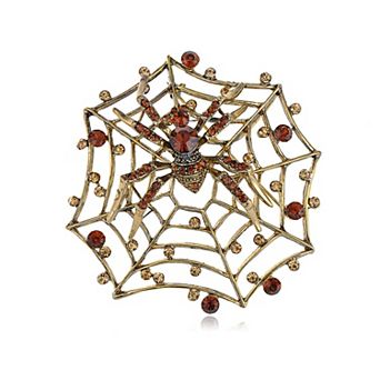 Golden Tone Shine Topaz Brown Crystal Rhinestones Spider Web Brooch Pin Pendent
