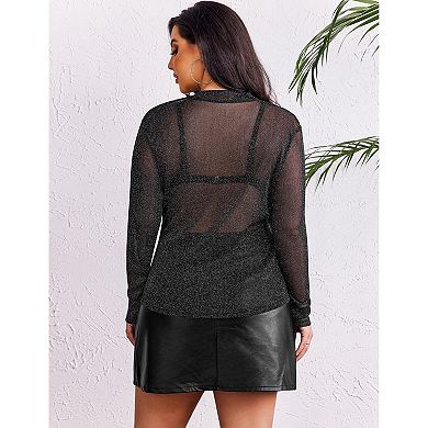 Zeagoo Women's Plus Size Glitter Mesh Mock Neck Long Sleeve Slim Club Top