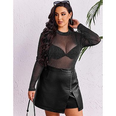 Zeagoo Women's Plus Size Glitter Mesh Mock Neck Long Sleeve Slim Club Top