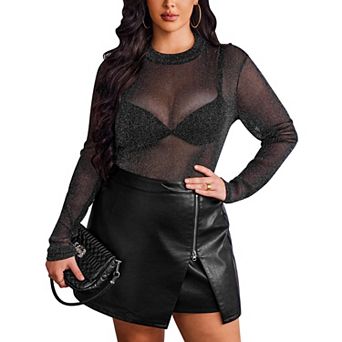 Zeagoo Women's Plus Size Glitter Mesh Mock Neck Long Sleeve Slim Club Top