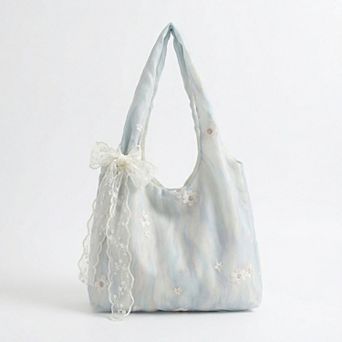 Women's Soft Shoulder Bag Floral Embroidery Lace Bow Detail Slouchy Hobo Silhouette