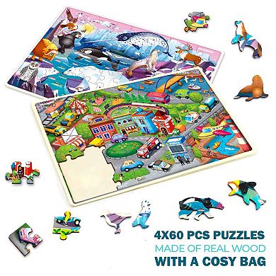 QUOKKA Jigsaw Puzzles for Kids Ages 4-6 4 Pack 60 Piece Educational Puzzles with Colorful Learning