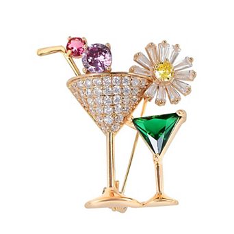 Shiny Clear Crystal Rhinestones Cocktail Wine Straw Flower Glass Brooch Pin