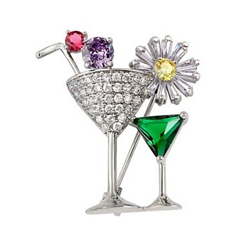 Shiny Clear Crystal Rhinestones Cocktail Wine Straw Flower Glass Brooch Pin