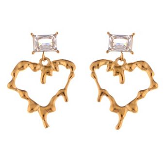 Gold-Plated Heart Drop Fashion Earrings with Crystal Stud Accents